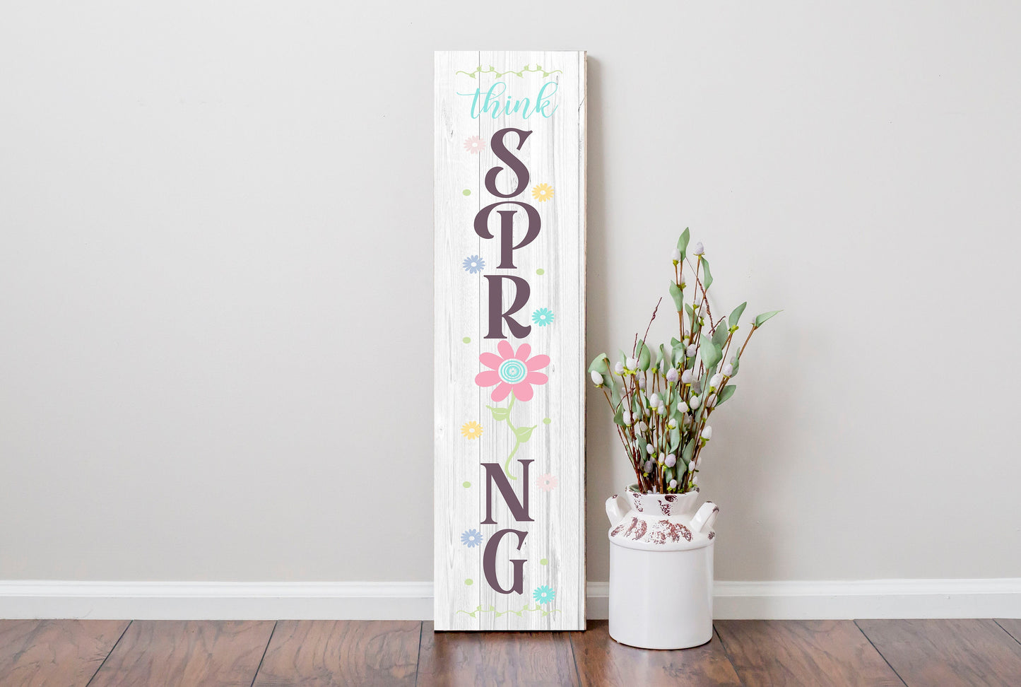 24 Inch (2 Foot Tall) Think Spring  Vertical Wood Print Sign