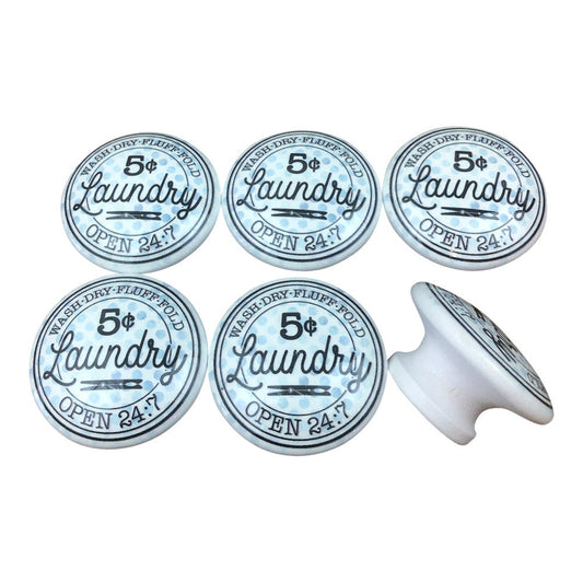 Set of 6  5 Cent Laundry  Print Wood Cabinet Knobs