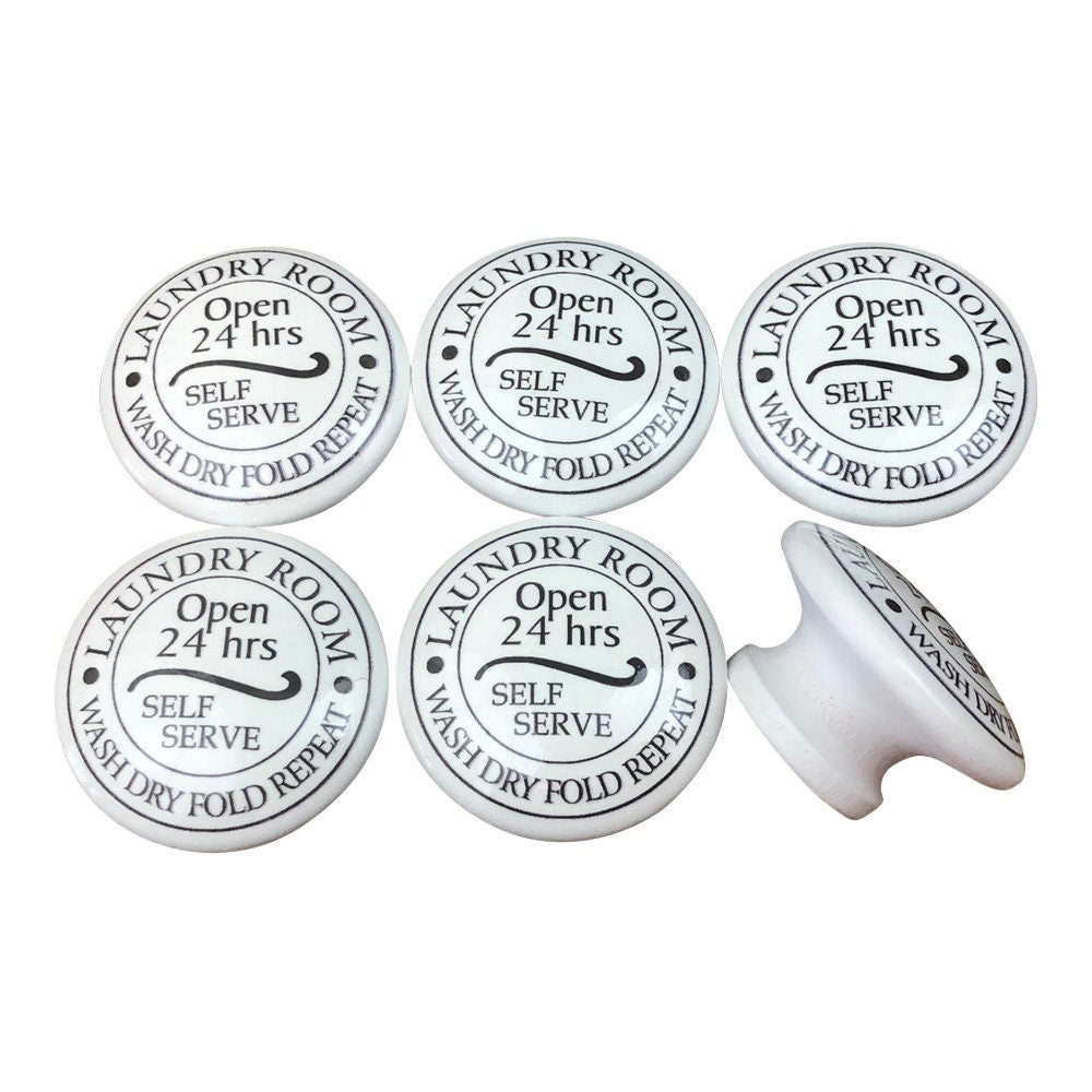 Set of 6 Laundry Open 24 Hours Wood Cabinet Knobs