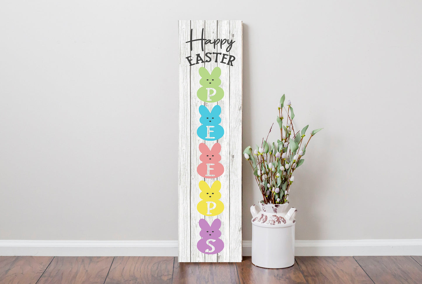 24 Inch (2 Foot Tall) Happy Easter Peeps Vertical Wood Print Sign