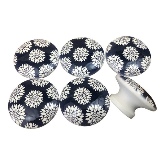 Set of 6 White on Navy Blue Dahlia Floral Print Cabinet Knobs