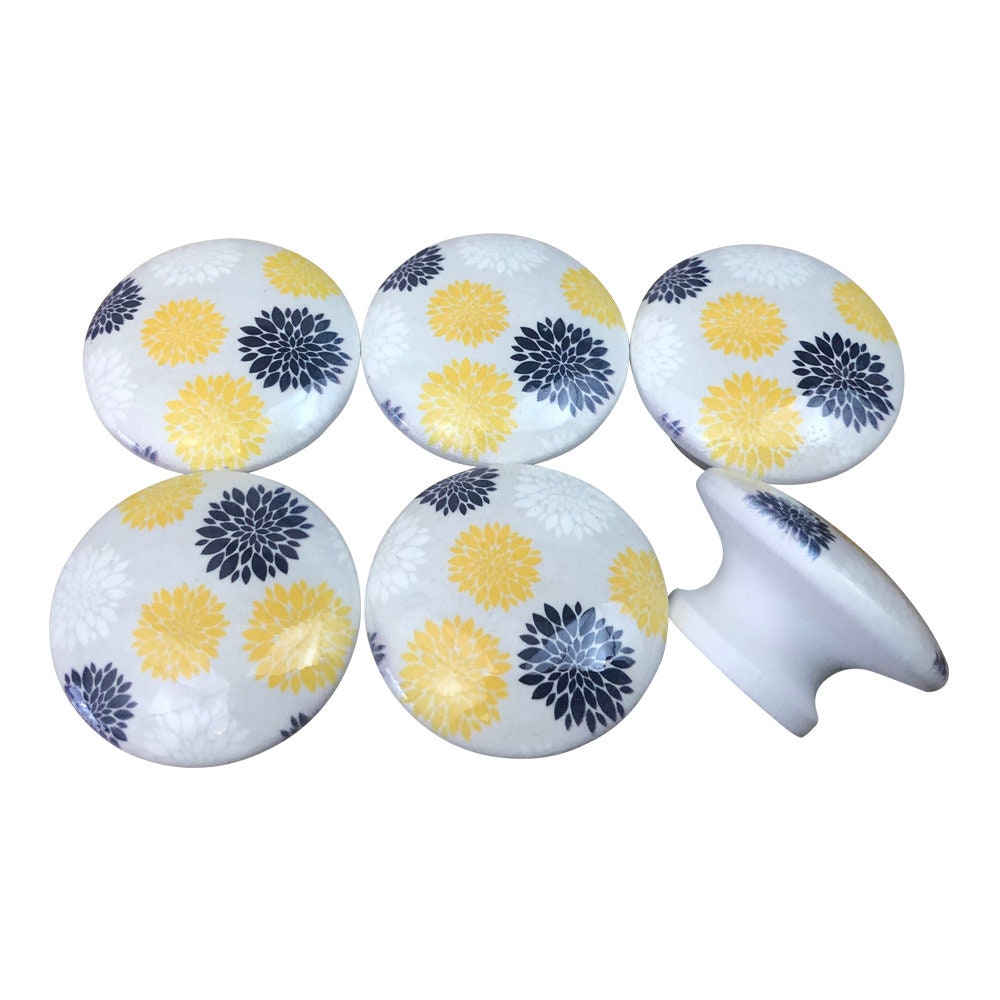 Set of 6 Navy Blue and Yellow Dahlia Floral Print Cabinet Knobs