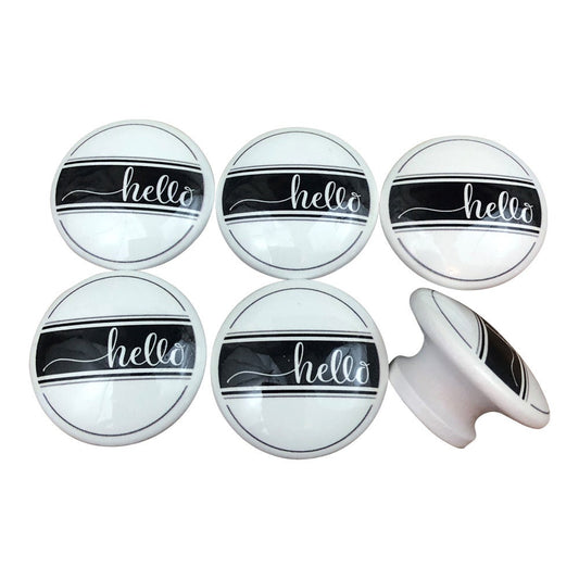 Set of 6 Black and White Hello Wood  Print Cabinet Knobs