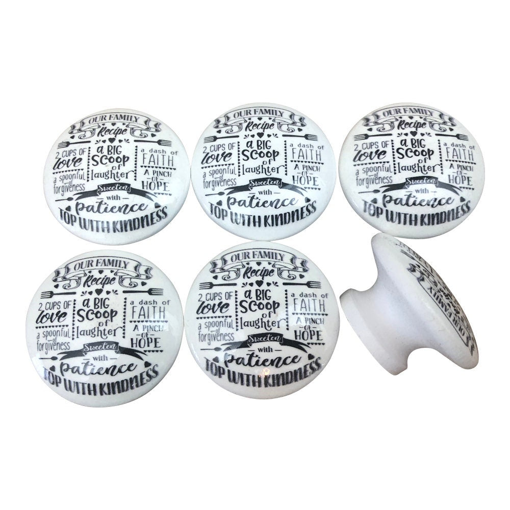 Set of 6 Black and White Our Family Recipe Print  Wood Cabinet Knobs