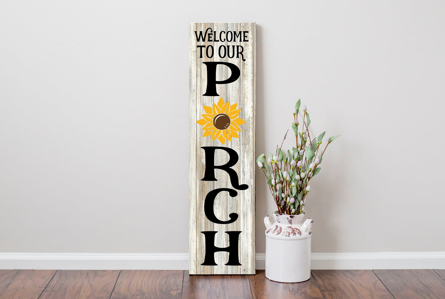 24 Inch (2 Foot Tall) Sunflower Welcome to Our Porch Vertical Wood Print Sign