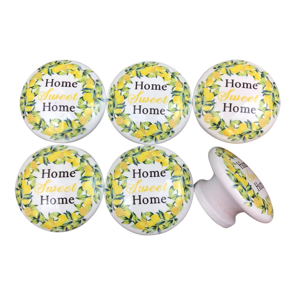 Set of 6 Lemon Wreath Home Sweet Home Wood  Print Cabinet Knobs W0160