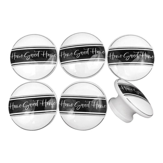 Set of 6 Black and White Home Sweet Home Wood  Print Cabinet Knobs