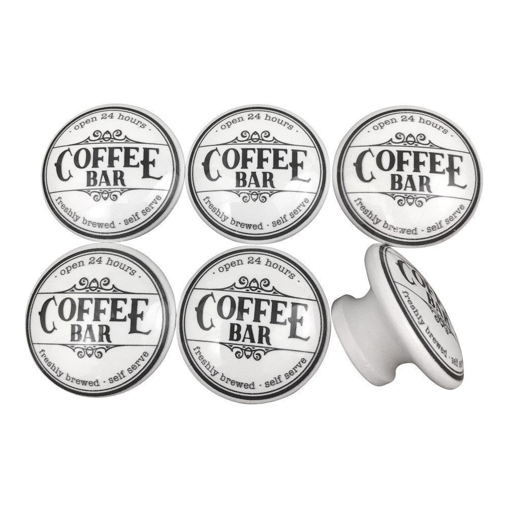 Set of 6 Black and White Coffee Bar Wood  Print Cabinet Knobs