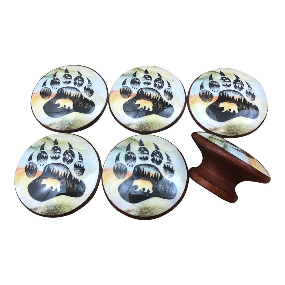 Cabinet and Drawer Knobs, Drawer Knobs and Pulls, Set of 6 Bear Paw Silhouette Print Cabinet Knobs, Kitchen Cabinet Knobs