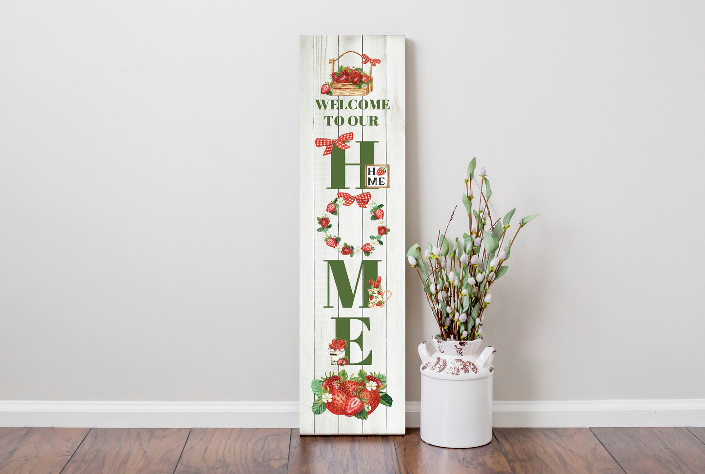 24 Inch (2 Foot Tall) Strawberry Welcome to Our Home Vertical Wood Print Sign