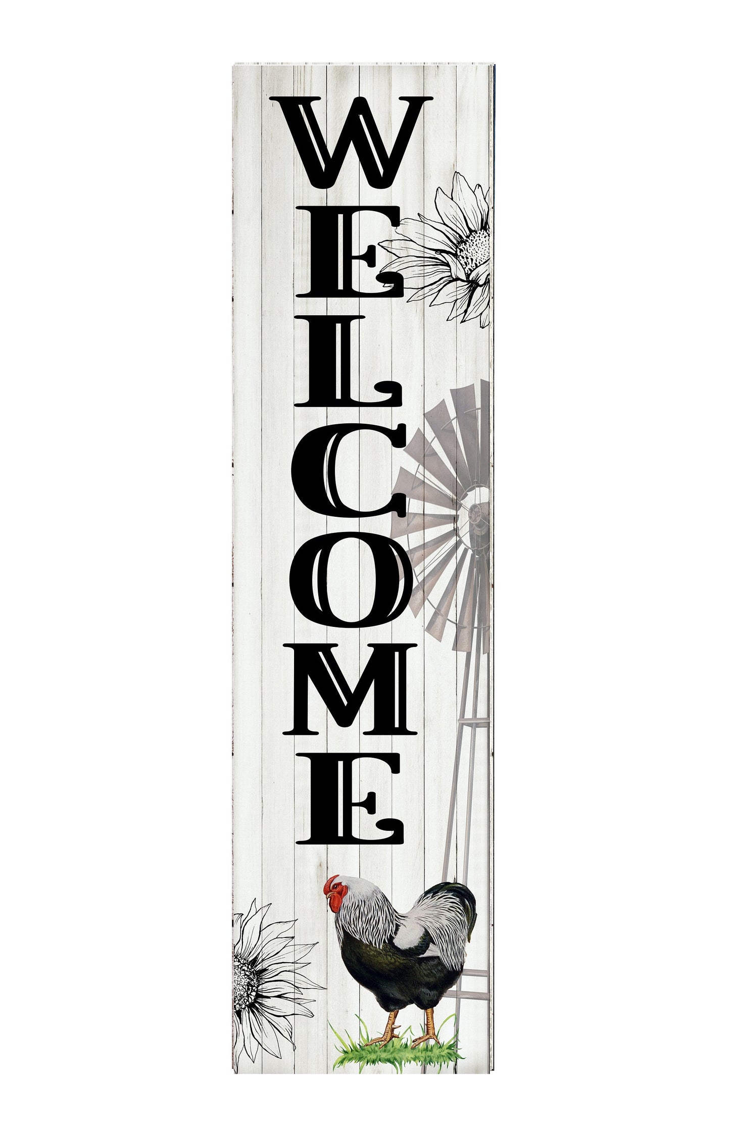 24 Inch (2 Foot Tall) Chicken Welcome Vertical Wood Print Sign