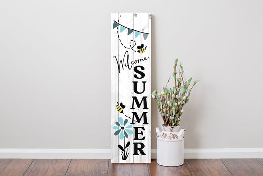 24 Inch (2 Foot Tall) Welcome Summer with Blue Flowers Vertical Wood Print Sign