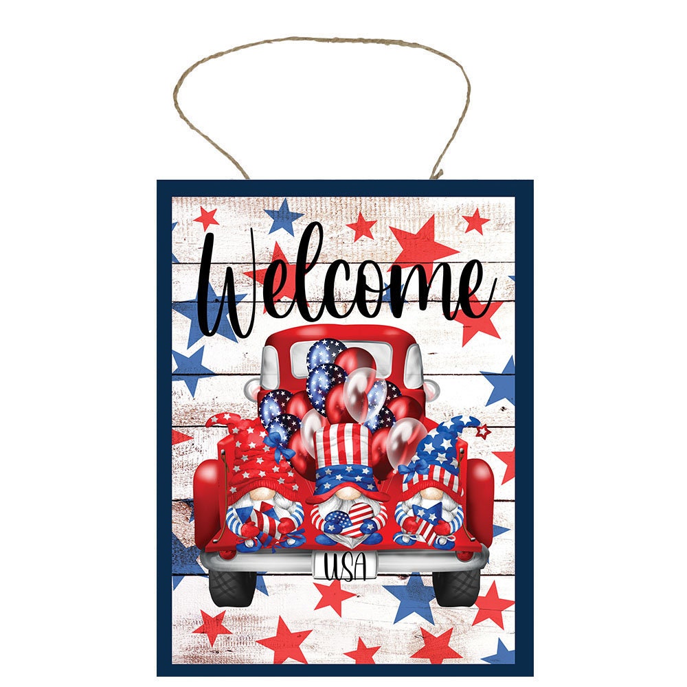 Welcome 4th of July Gnomes Truck Printed Handmade Wood Sign