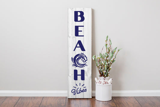 24 Inch (2 Foot Tall) Beach Vibes Vertical Wood Print Sign