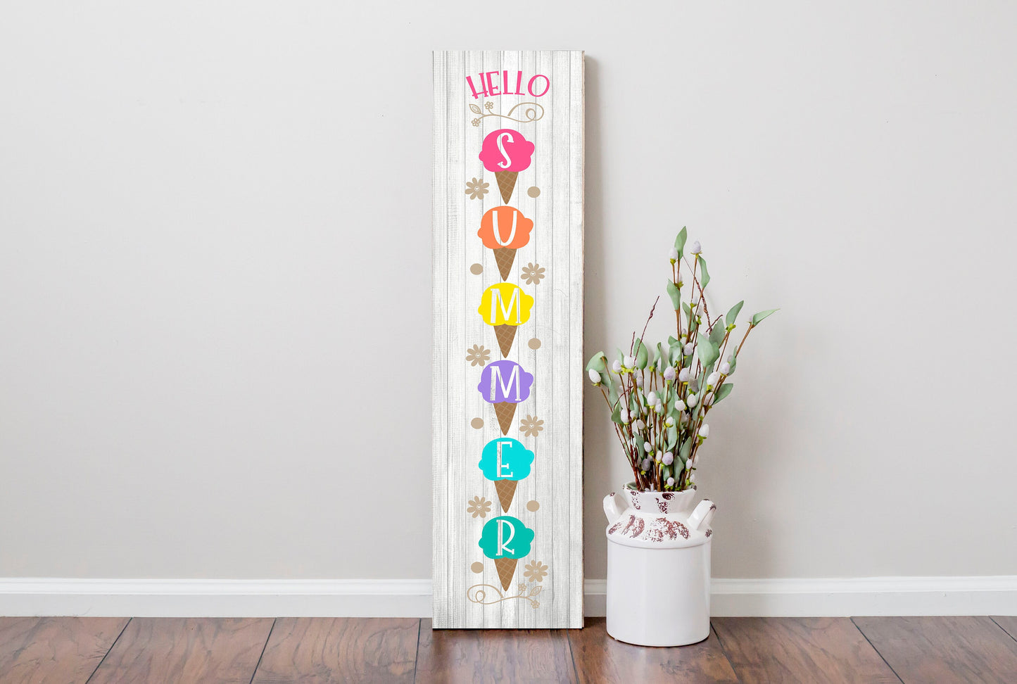 24 Inch (2 Foot Tall) Hello Summer Ice Cream Vertical Wood Print Sign