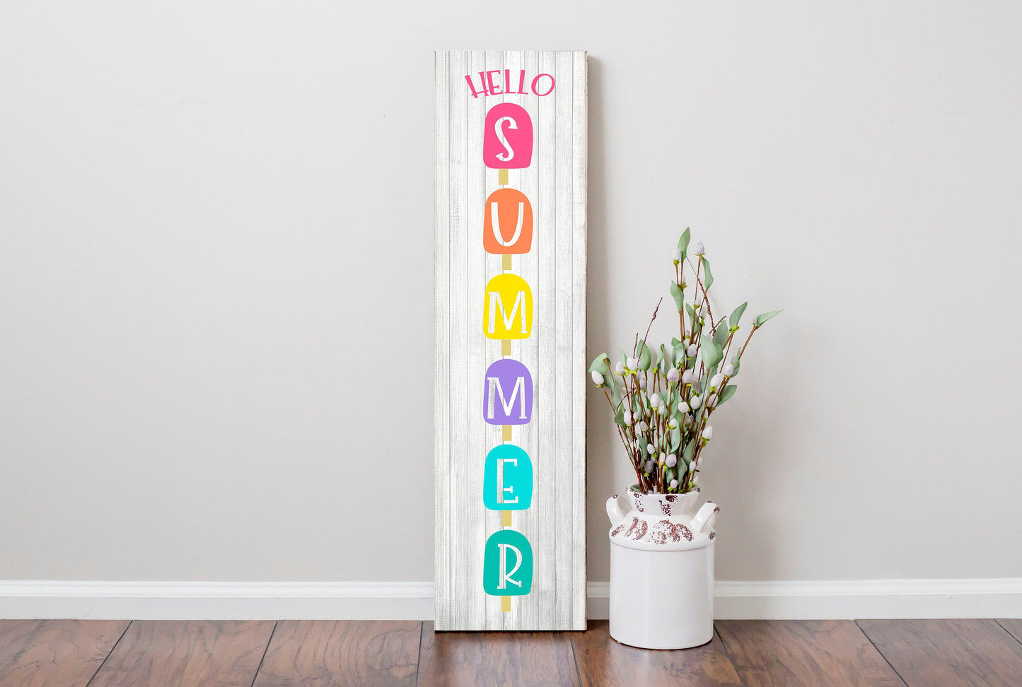 24 Inch (2 Foot Tall) Hello Summer Popsicles Vertical Wood Print Sign