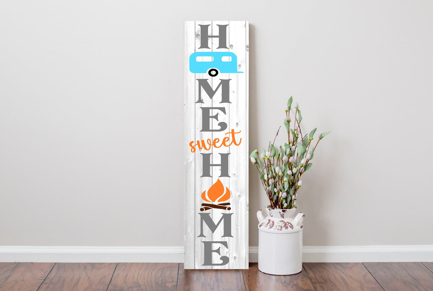 24 Inch (2 Foot Tall) Camper Home Sweet Home Vertical Wood Print Sign