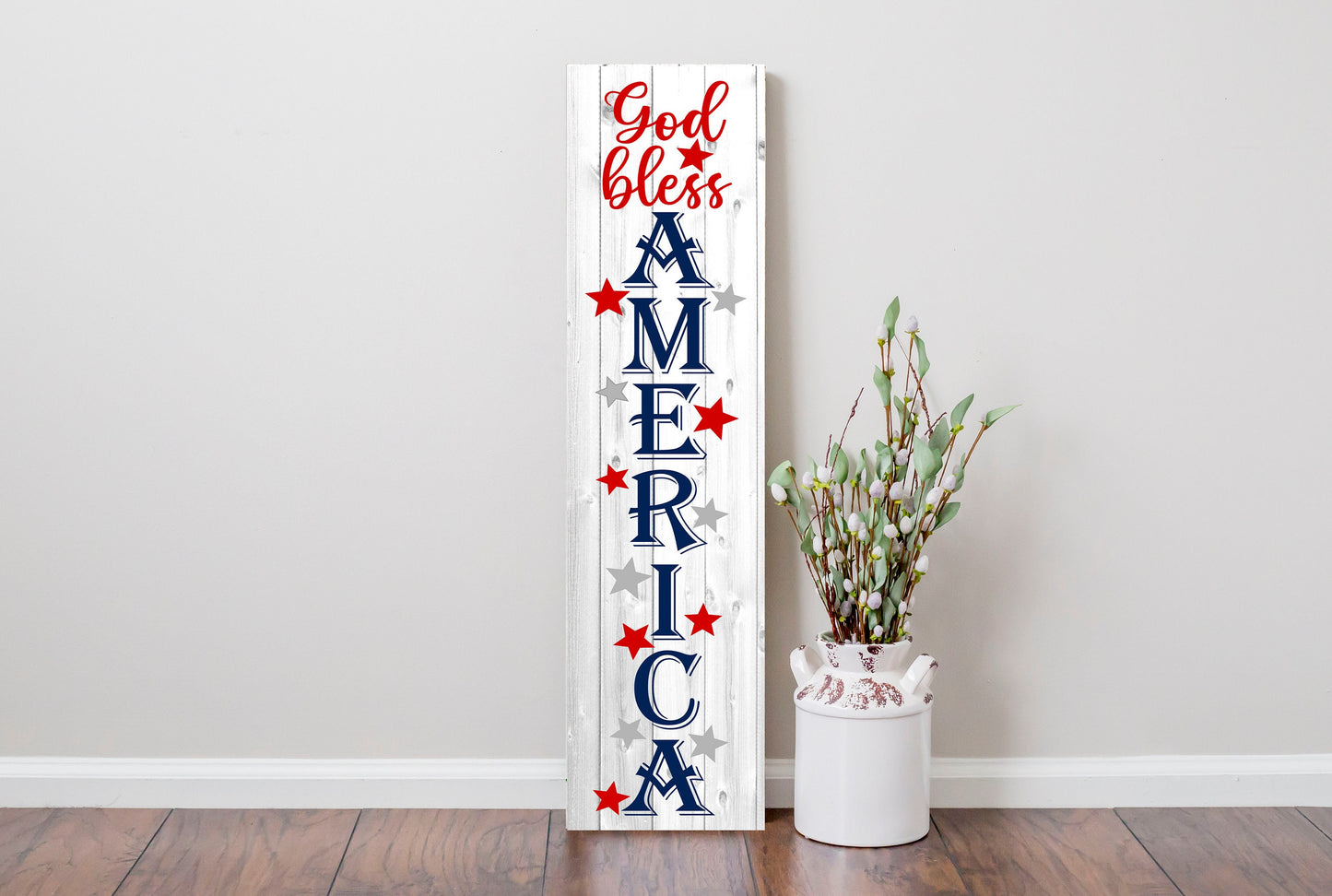 24 Inch (2 Foot Tall) God Bless America Vertical Wood Print Sign