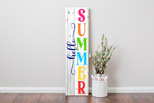 24 Inch (2 Foot Tall) Hello Summer Vertical Wood Print Sign