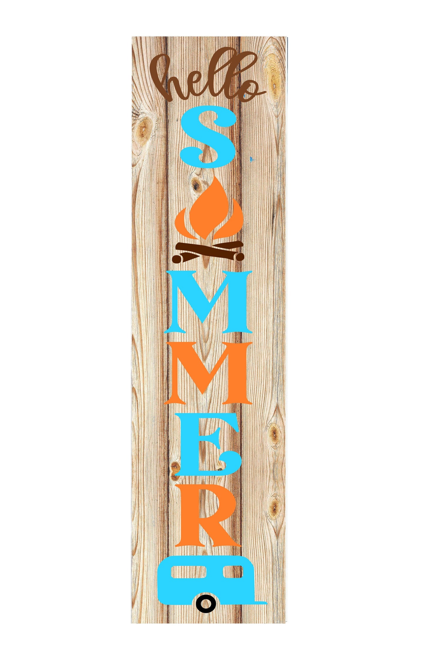 24 Inch (2 Foot Tall) Hello Summer Camper Vertical Wood Print Sign