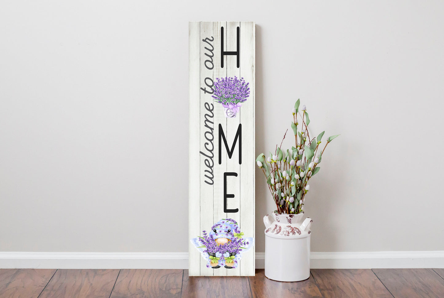 24 Inch (2 Foot Tall) Lavender Welcome to Our Home Vertical Wood Print Sign