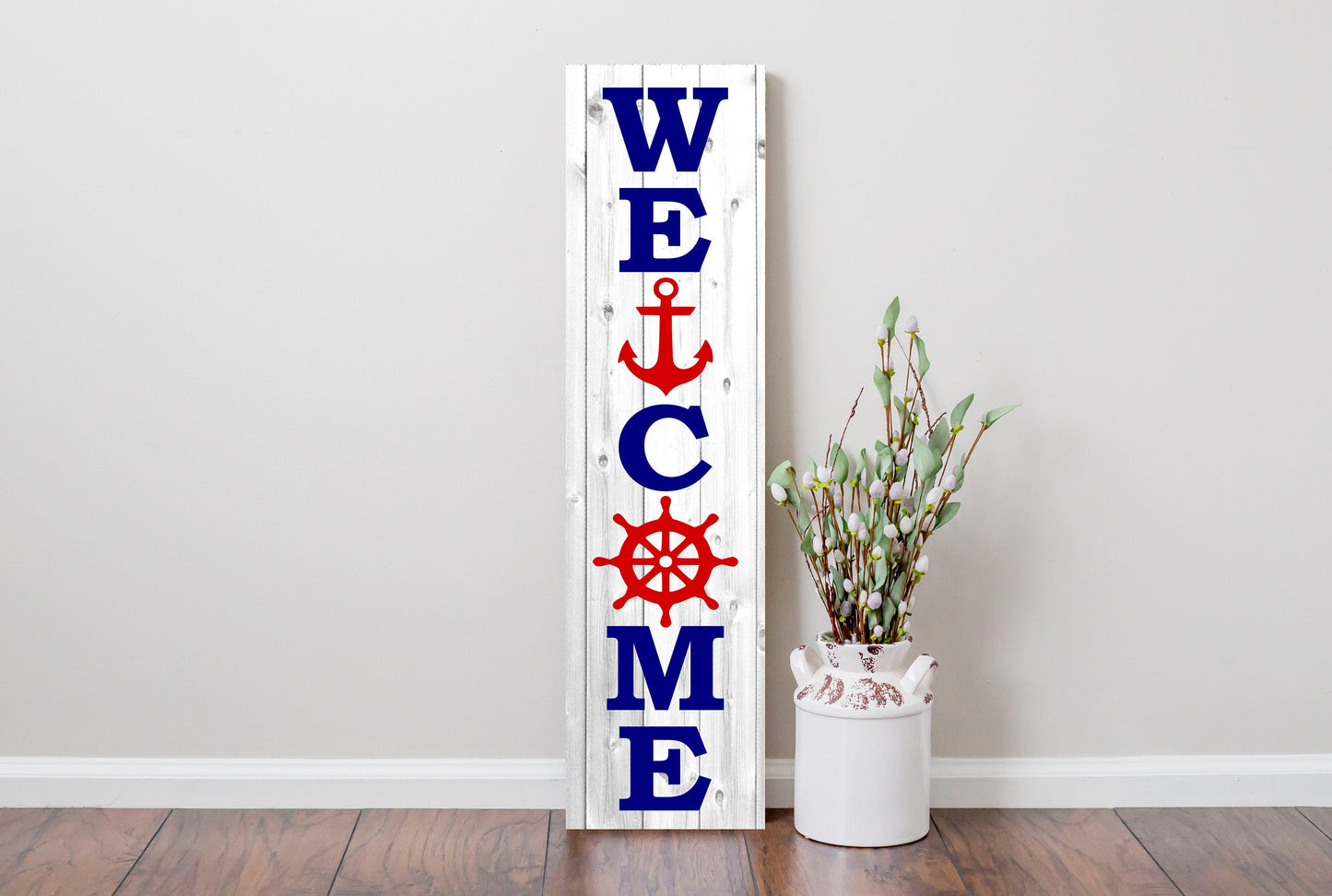 24 Inch (2 Foot Tall) Nautical Welcome Vertical Wood Print Sign