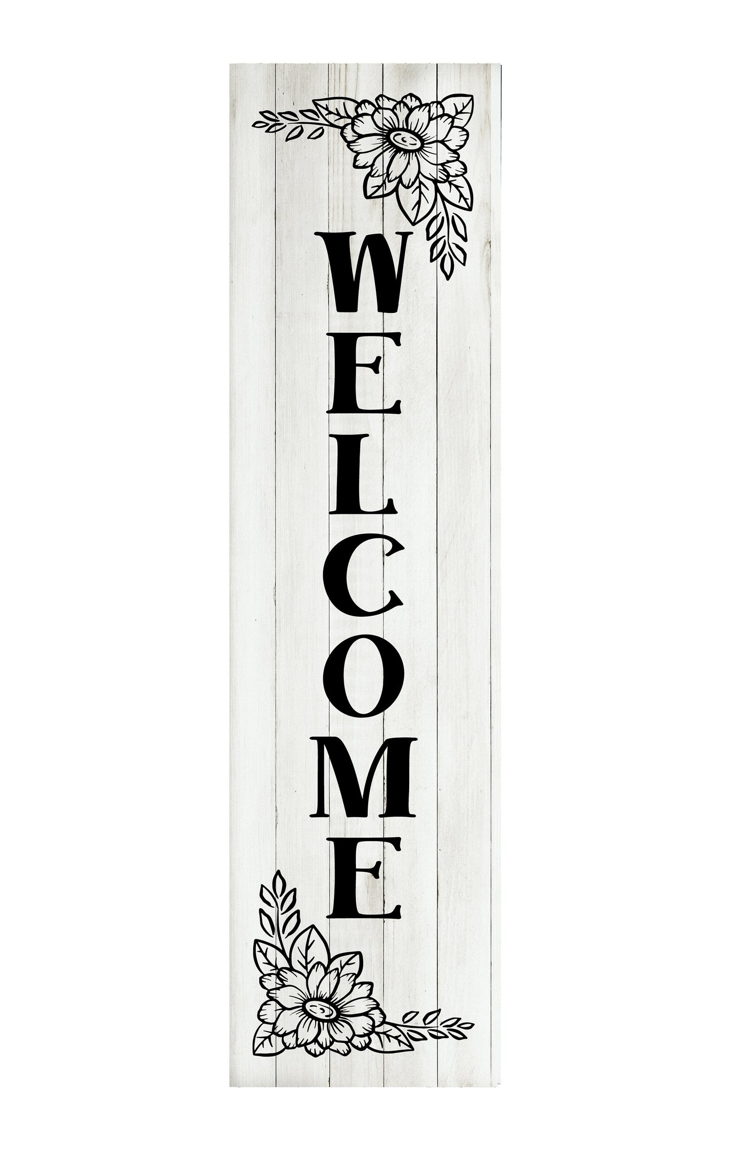 24 Inch (2 Foot Tall) Black and White Floral Welcome Vertical Wood Print Sign