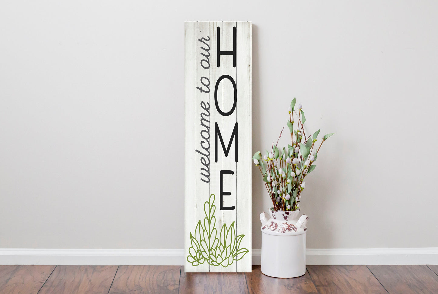 24 Inch (2 Foot Tall) Welcome to Our Home Succulents Vertical Wood Print Sign