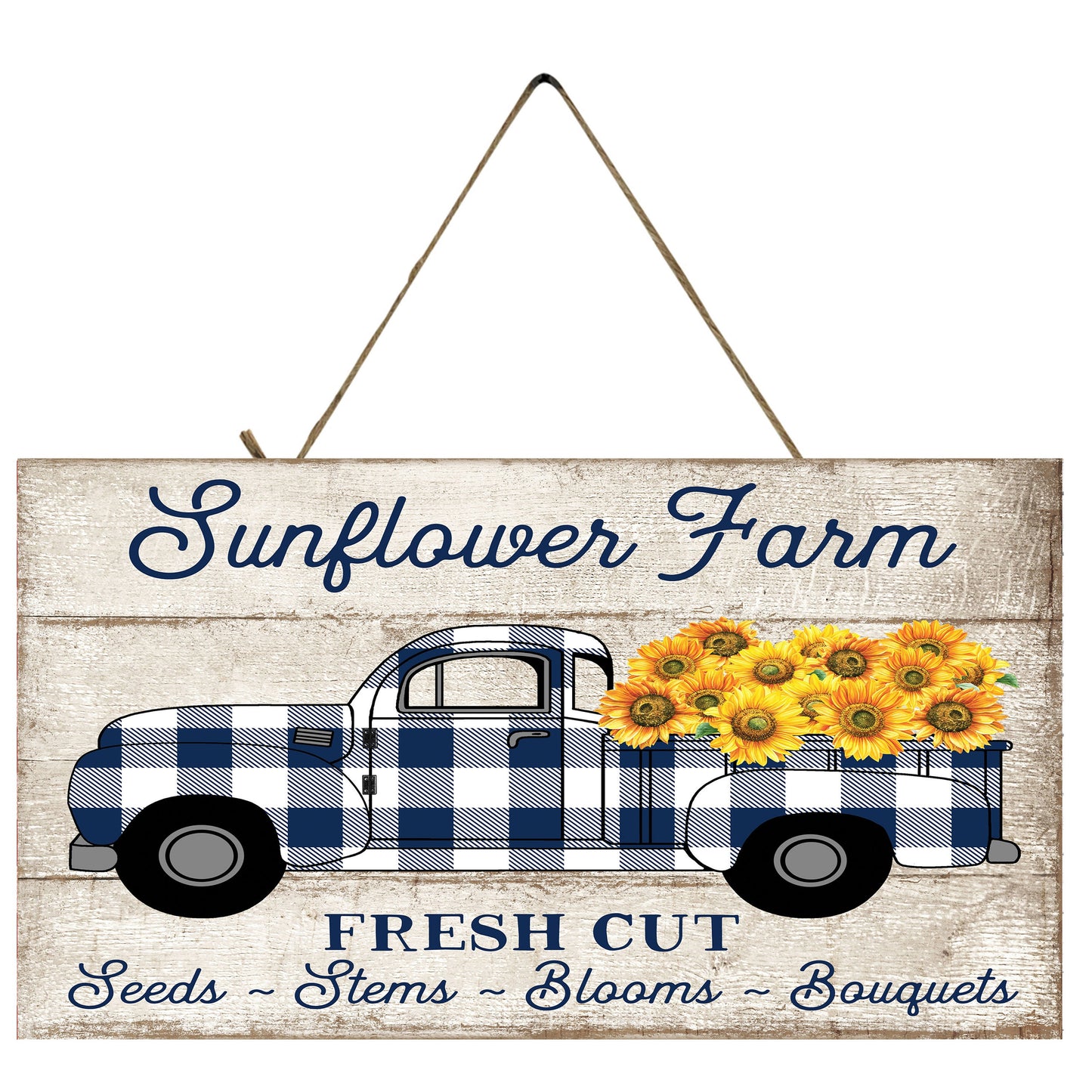 Blue Buffalo Check Sunflower Truck Printed Handmade Wood Sign
