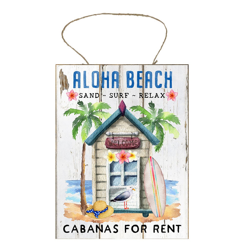 Aloha Beach Cabanas impreso hecho a mano letrero de madera