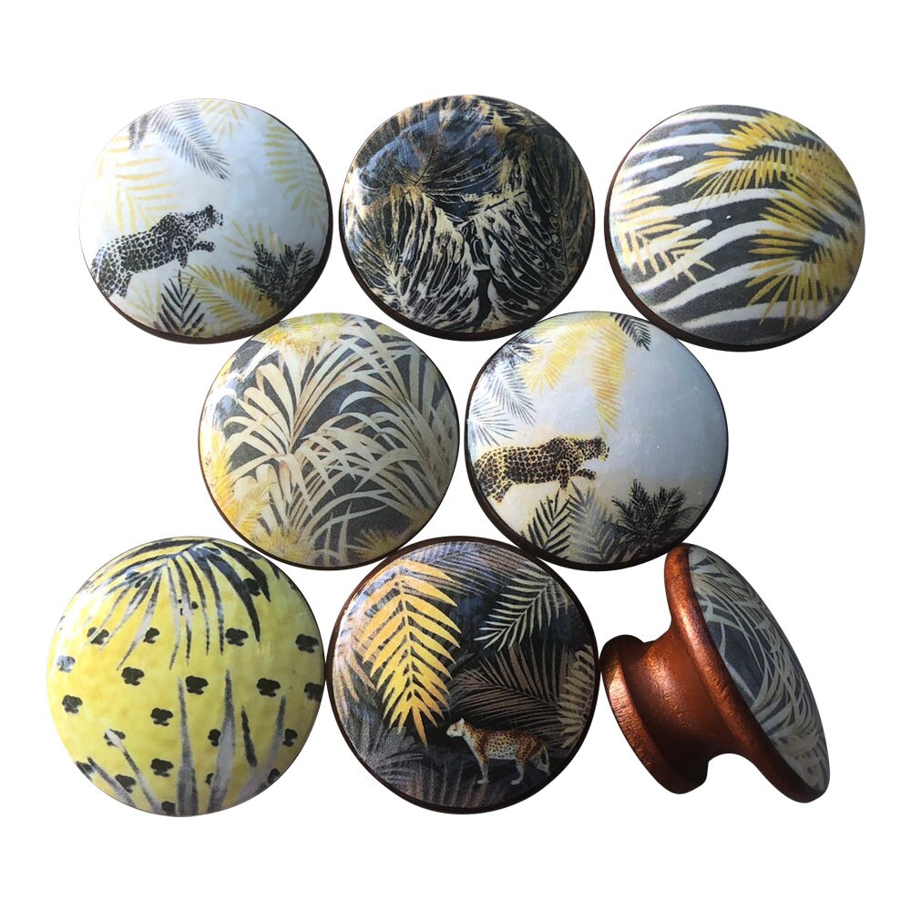 Set of 8 Gray and Yellow Jungle Wood Cabinet Knobs