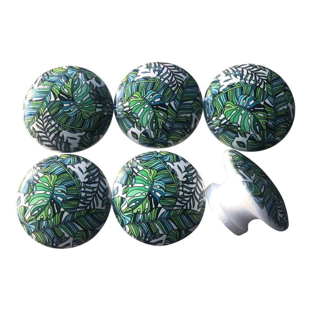 Set of 6 Jungle Palm Leaves Print Cabinet Knobs