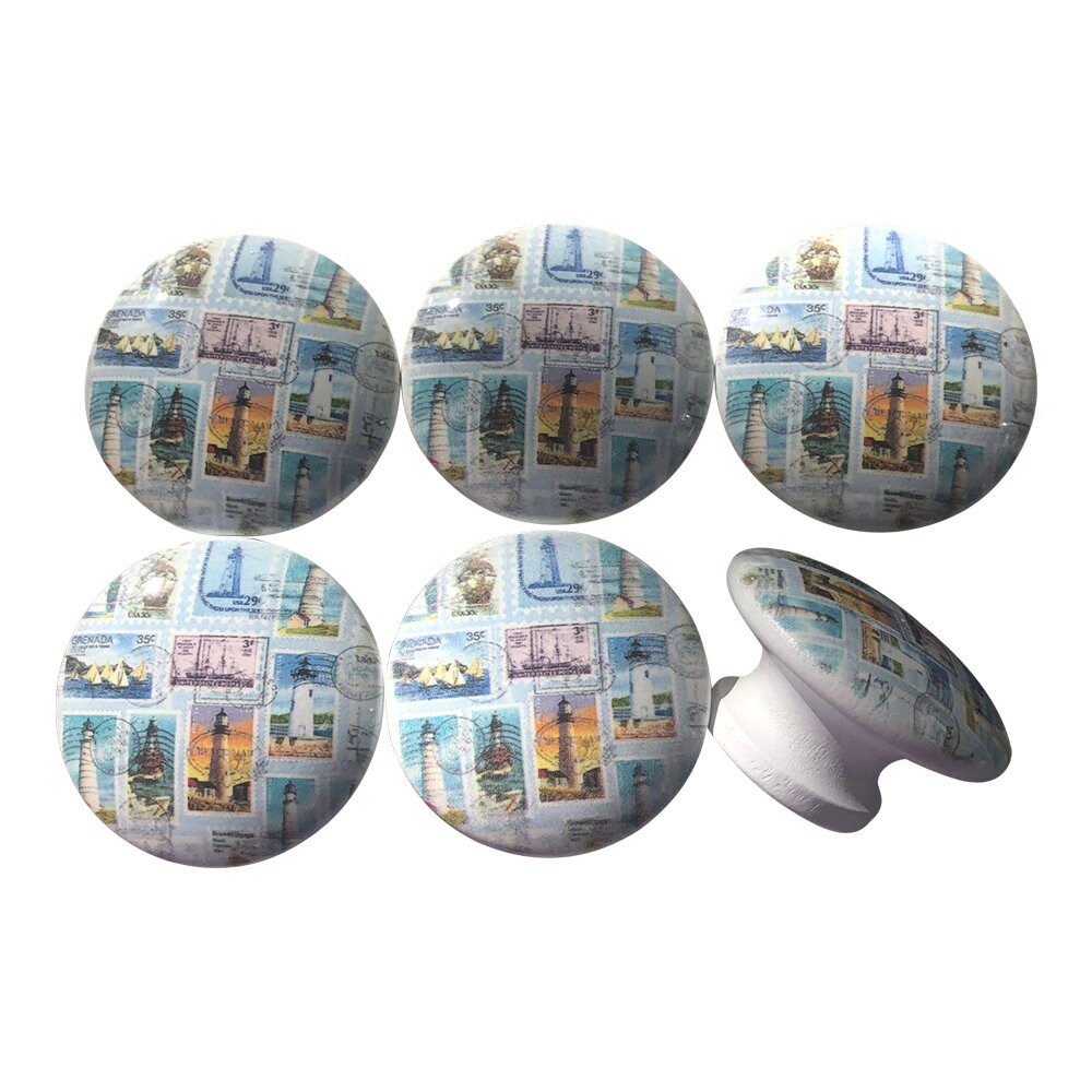 Set of 6 Lighthouse Stamps Wood Print Cabinet Knobs