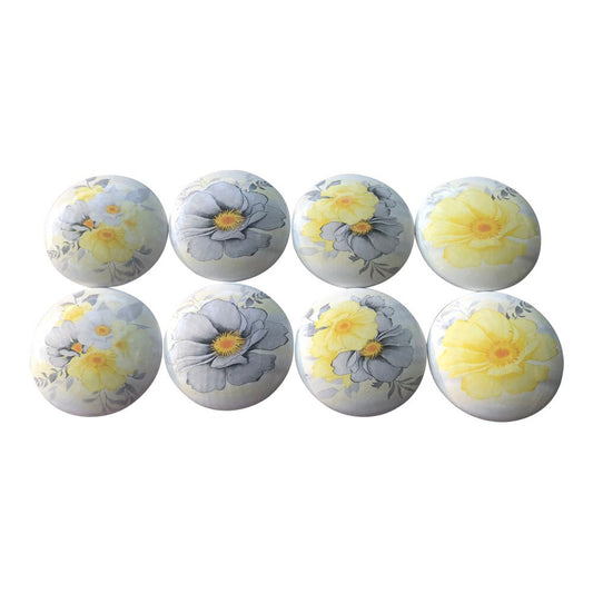 Set of 8 Gray and Yellow Floral Wood Cabinet Knobs