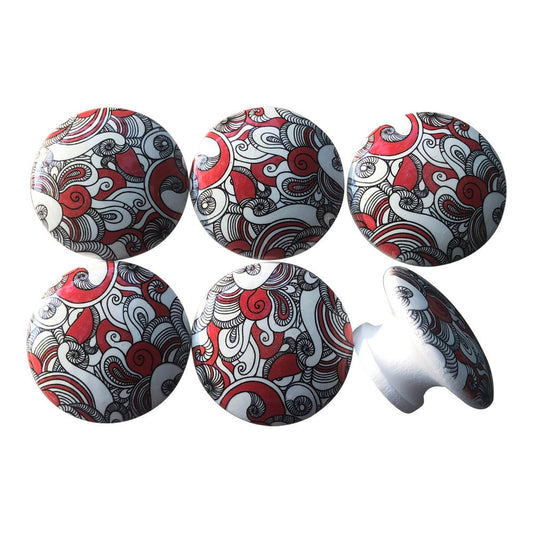 Set of 6 Red and White Wave Print Cabinet Knobs