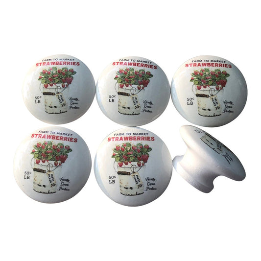 Set of 6 Strawberry Pail Wood Print Cabinet Knobs