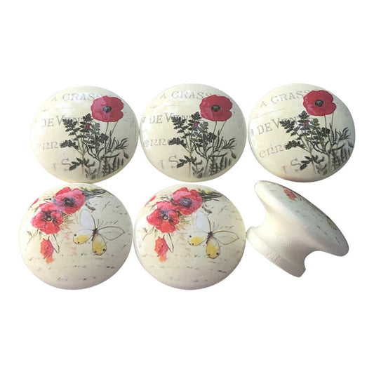 Set of 6 Red Poppies Wood Print Cabinet Knobs