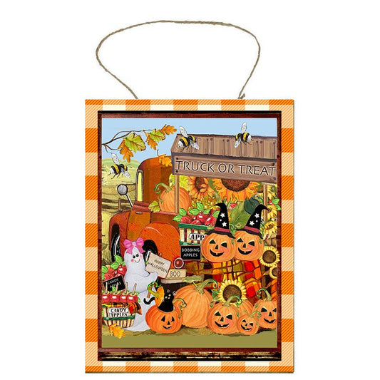 Camión o trato Halloween Otoño Impreso Letrero de madera hecho a mano