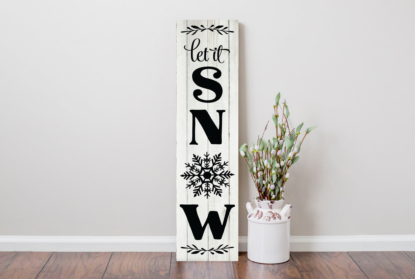 24 Inch (2 Foot Tall) Let it Snow Snowflake Vertical Wood Print Sign