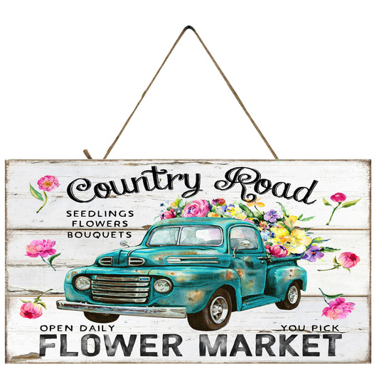 Cartel de madera hecho a mano del mercado de flores de Country Roads