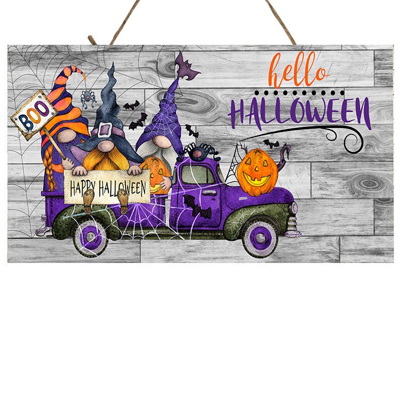 Hello Halloween Gnome Truck Wood Sign
