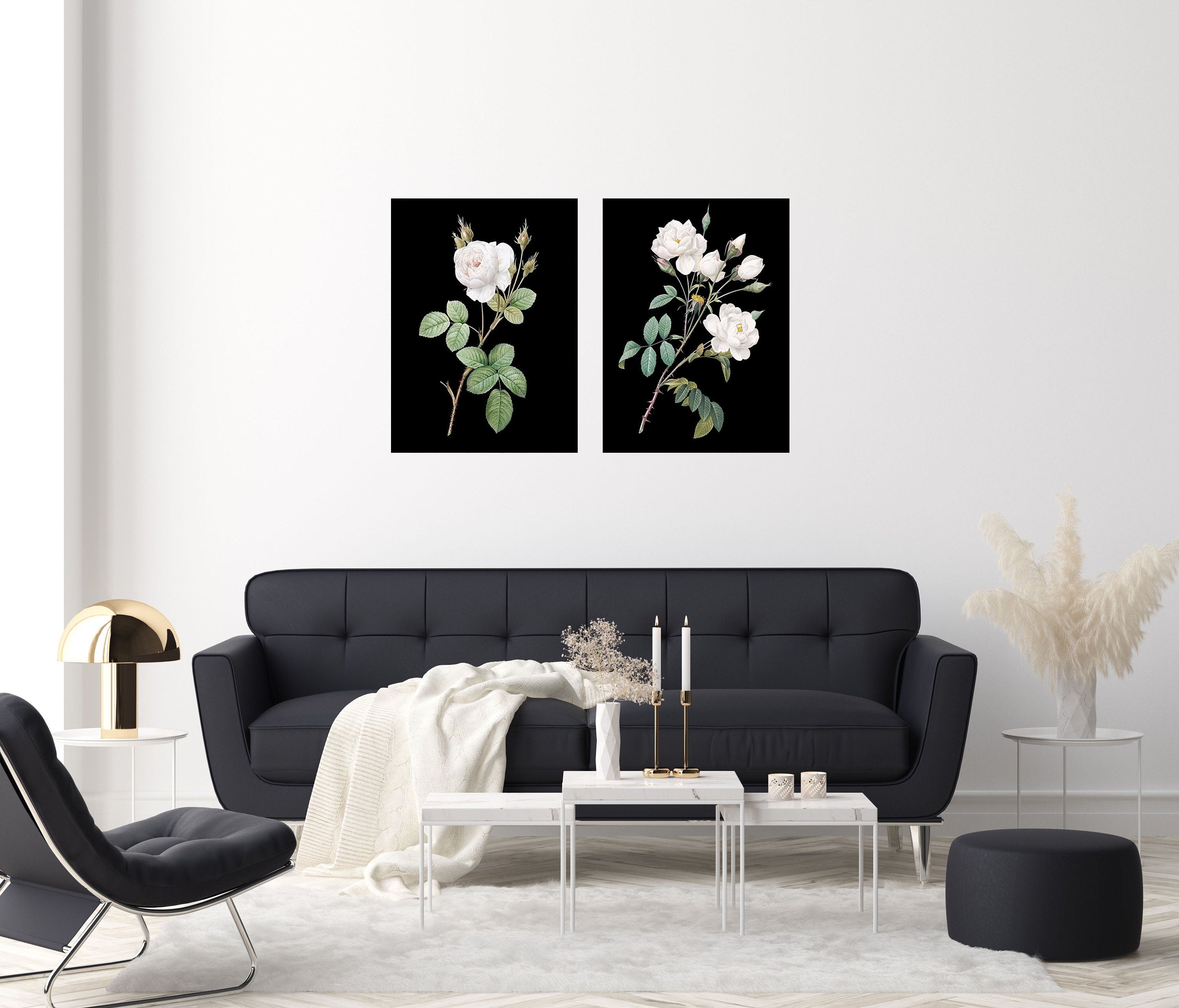 Set of 2 16x20 buy White Roses on Black Wall Art Canvas Prints