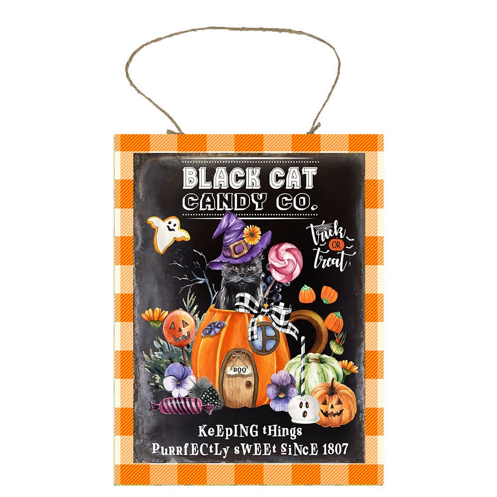 Letrero de madera hecho a mano con estampado de Halloween de Black Cat Candy Co (7" x 9")