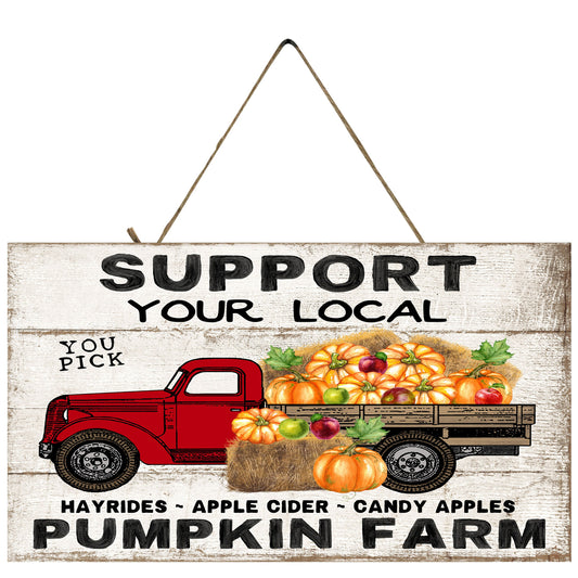Apoye su letrero de madera de otoño de granja de calabazas local