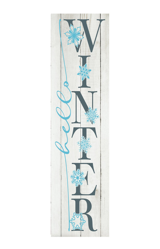 24 Inch (2 Foot Tall) Hello Winter Blue Snowflakes Vertical Wood Print Sign