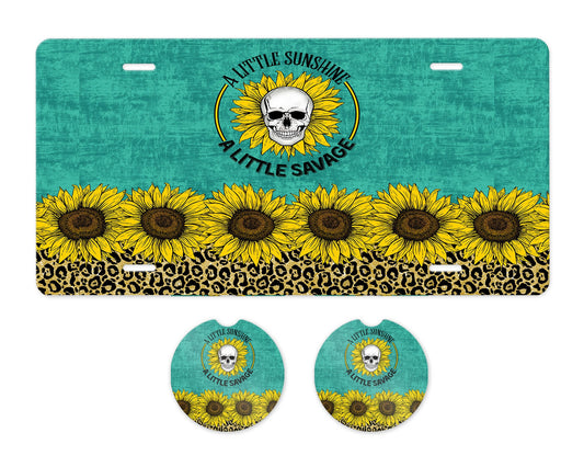 A Little Sunshine a Little Savage Aluminum Front License Plate and Car Coaster Set