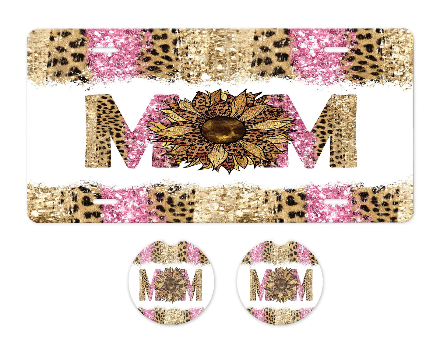Pink Leopard Print Sunflower Mom Aluminum Front License Plate and Car Coaster Set