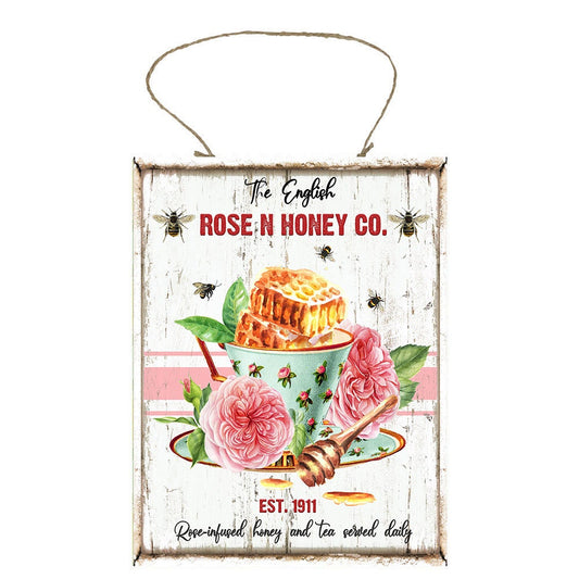 Rose and Honey Tea Co letrero de madera hecho a mano impreso