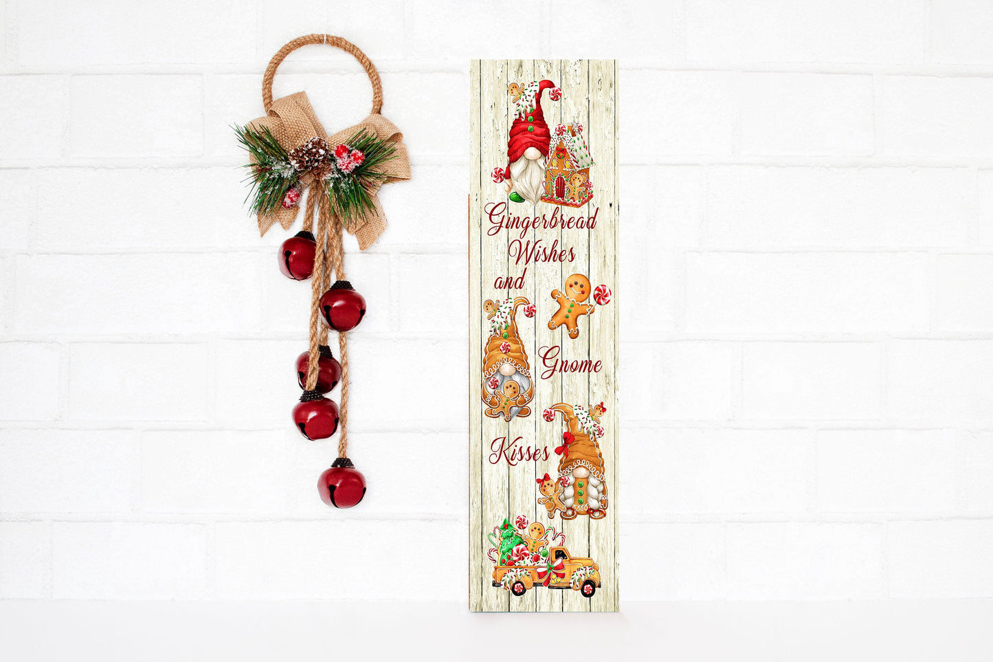 24 Inch (2 Foot Tall) Gingerbread Wishes and Gnome Kisses Christmas Vertical Wood Print Sign