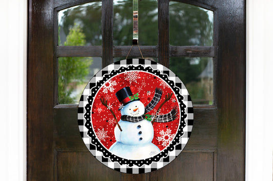 Snowman on Red Christmas Round Printed Handmade Wood Sign